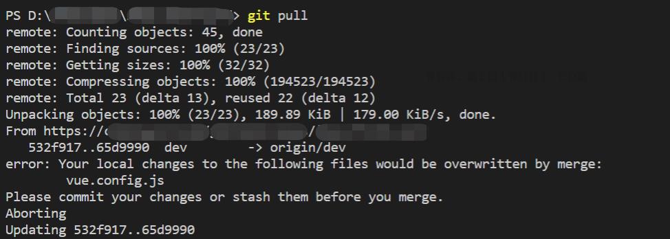 如何解决git冲突：Your local changes to the following files would be overwritten by merge: vue.config.js 1